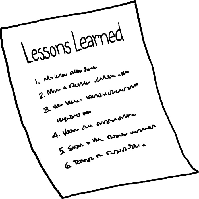 Hand-lettered sketch of a “Lessons Learned” list